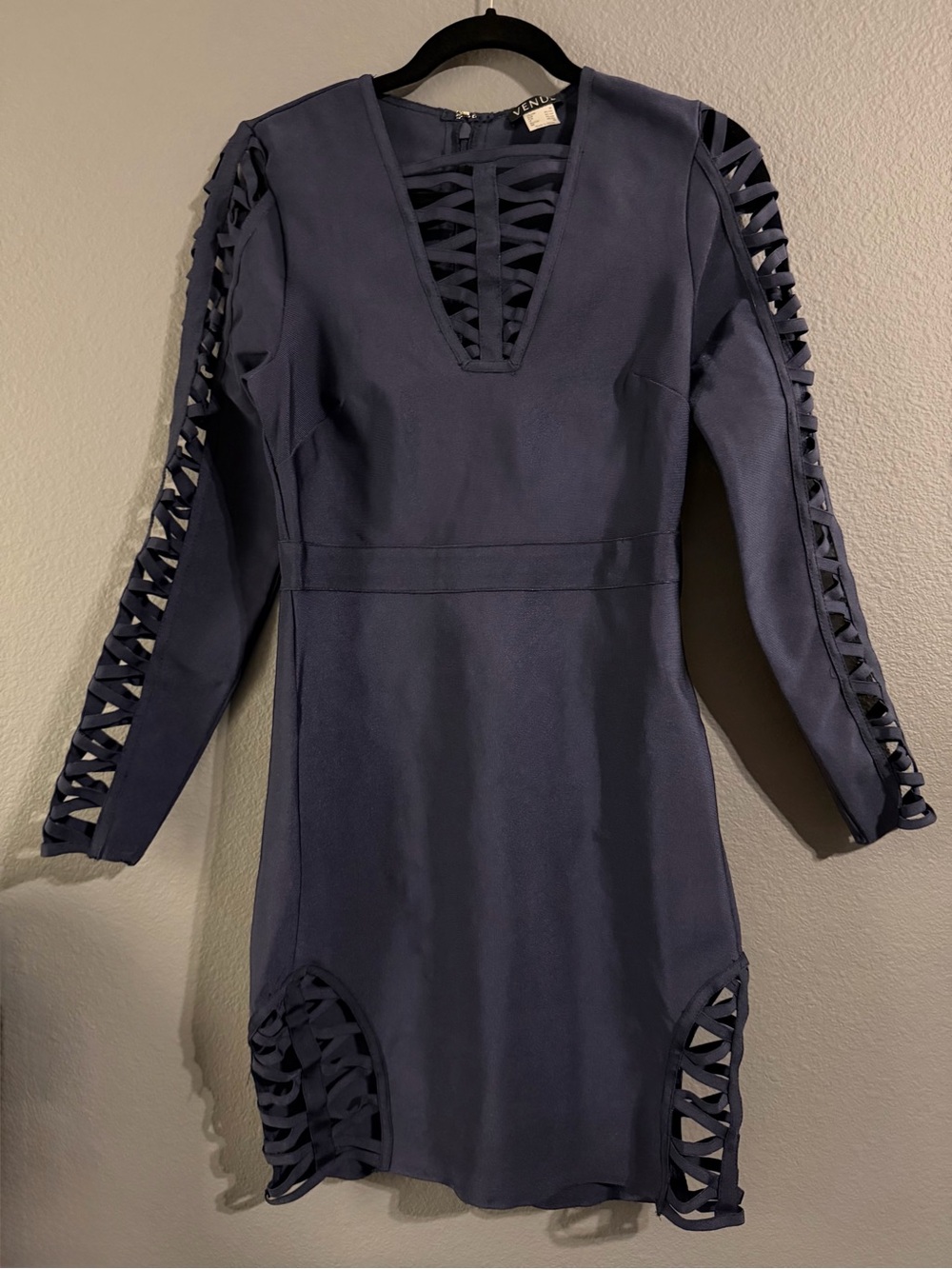 Venus Lattice Long Sleeve Bodycon Mini Dress Navy blue Medium